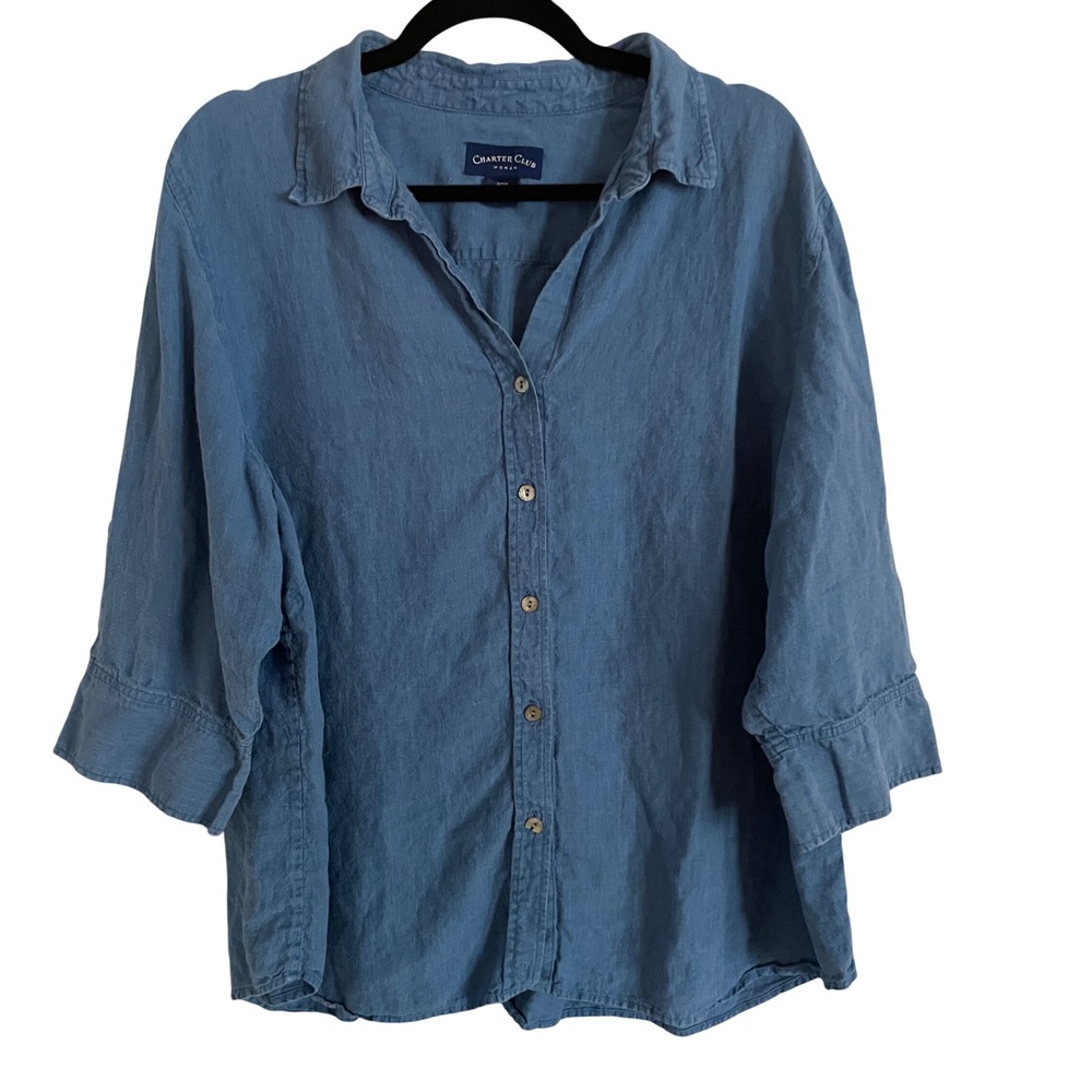 Charter Club Button Down Shirt Woman 20W Blue 100% Linen Coastal Summer Top